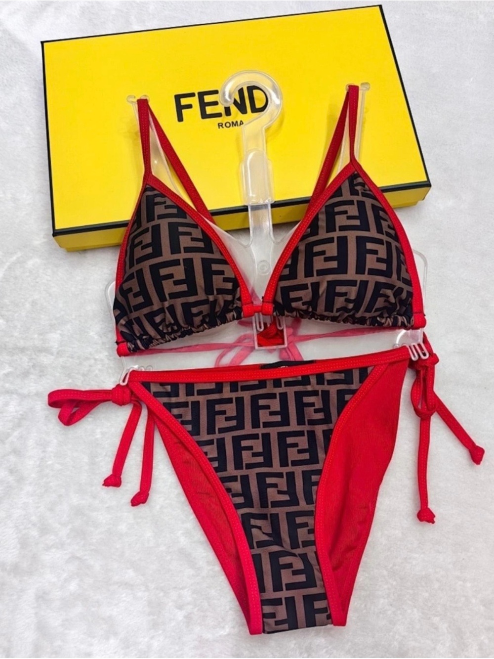 Fendi Brown & Red FF Monogram Triangle Bikini Set